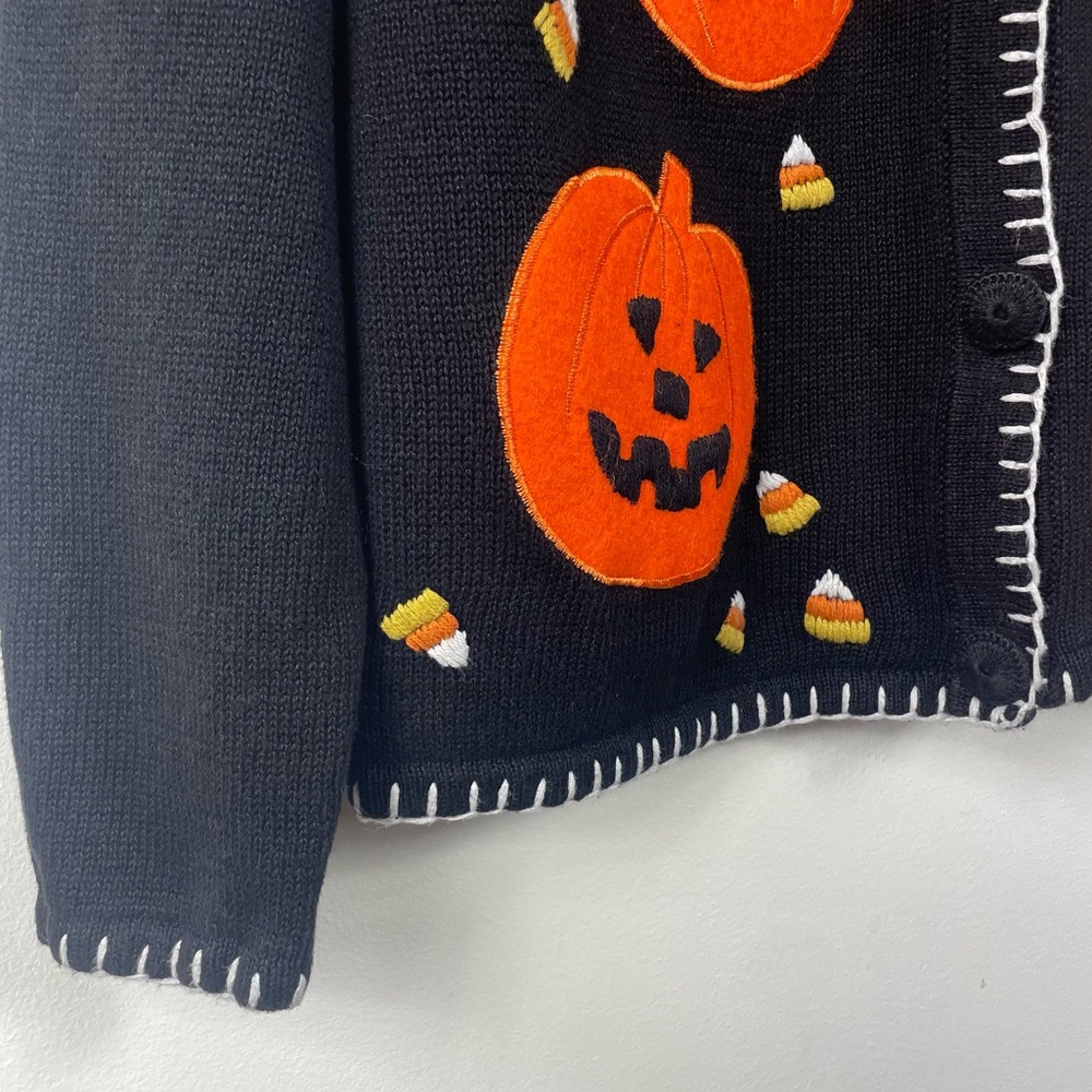 VTG Halloween Cardigan Pumpkin 90s Granny Embroidery Black Med Teacher Sweater - Picture 8 of 16